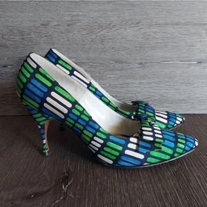 Vintage 1950's Herbert Levine Blue, Green & White Bow Pointy Pumps 7.5AA